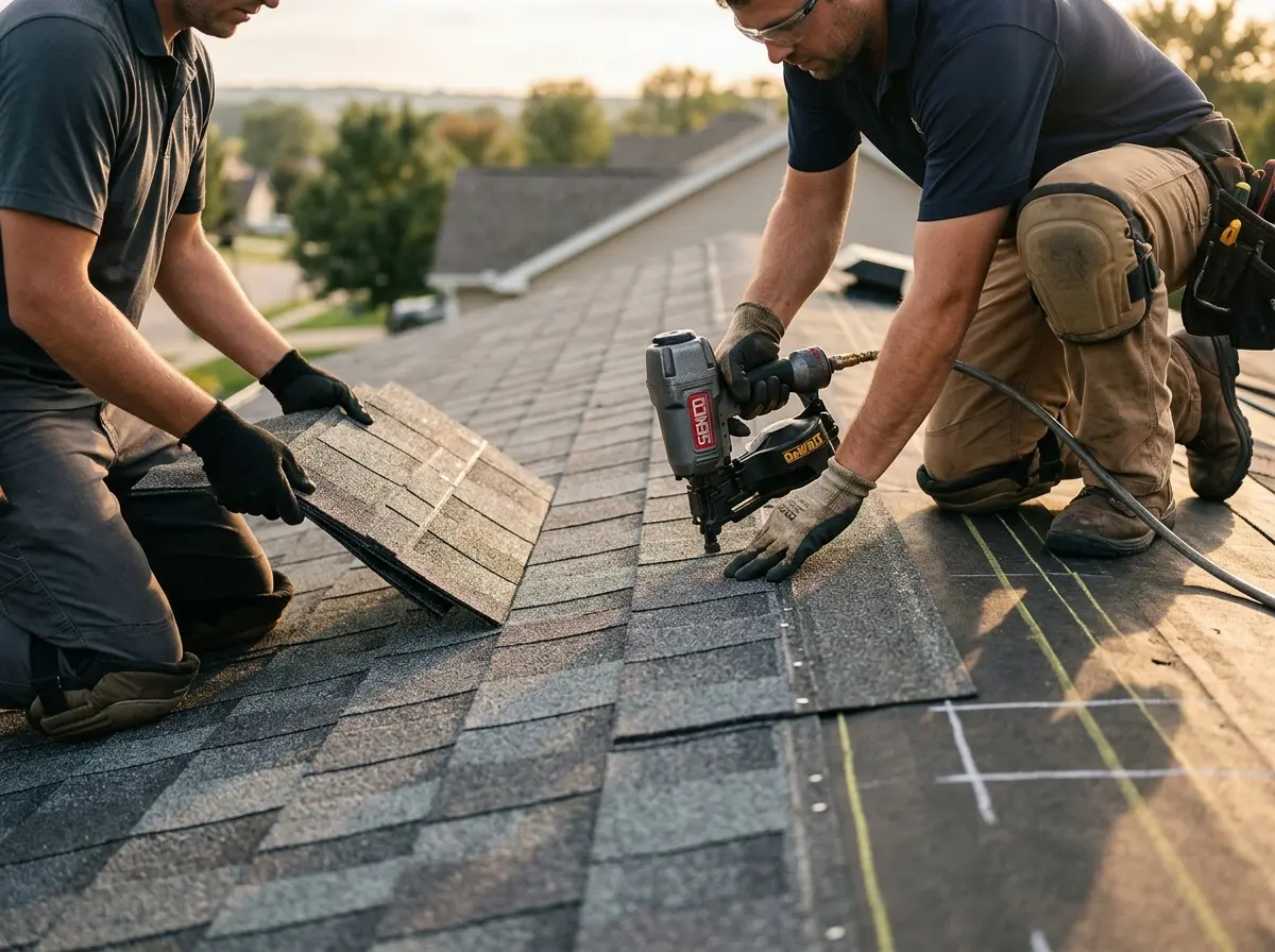 Professional roofer working on a residential roof in Lindon